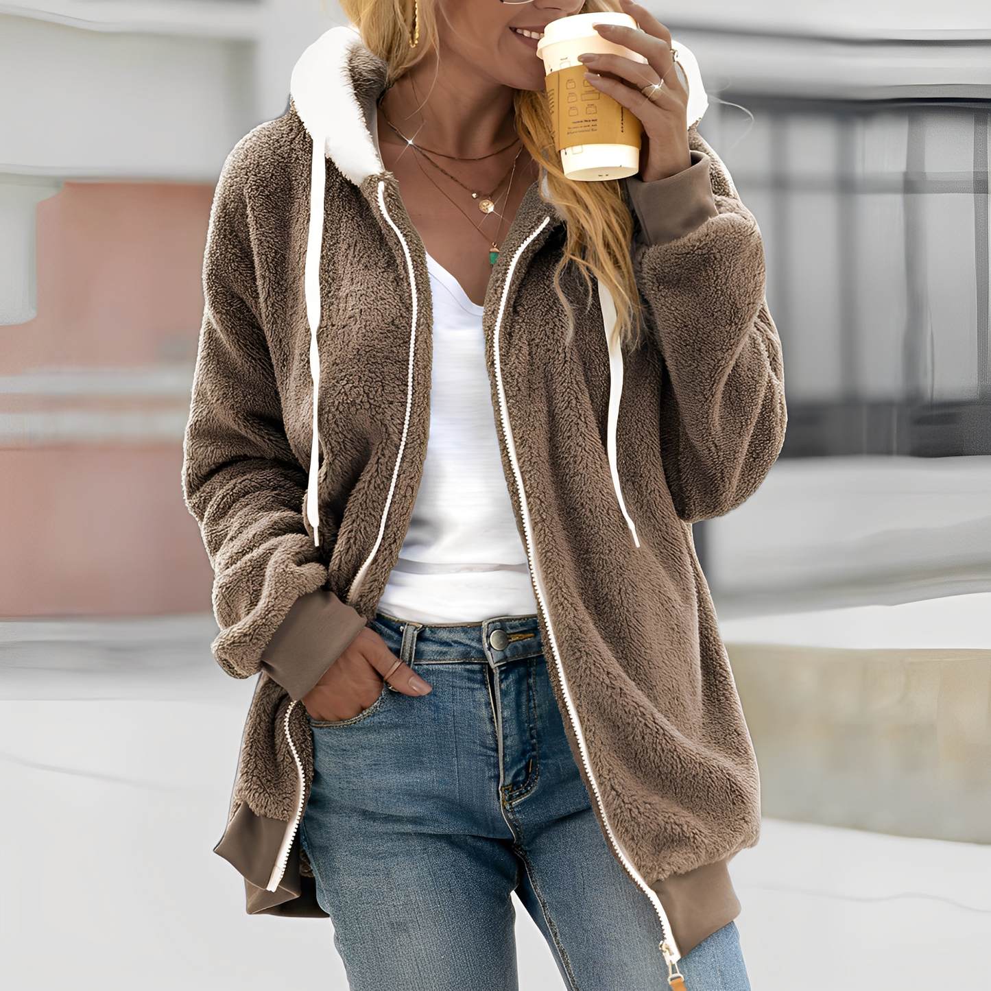 Rheanna - Geacă călduroasă din polar cu glugă pentru femei