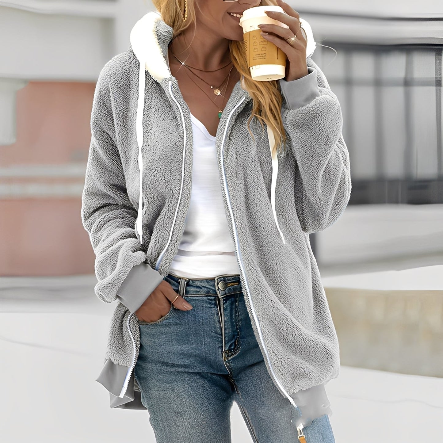 Rheanna - Geacă călduroasă din polar cu glugă pentru femei