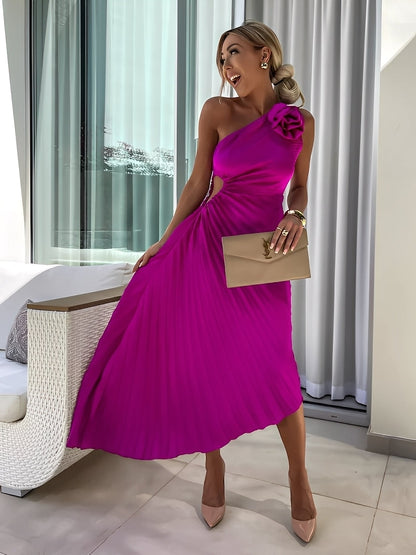 Rachael - Rochie sofisticată cu pliuri și decorațiuni florale la umeri pentru femei