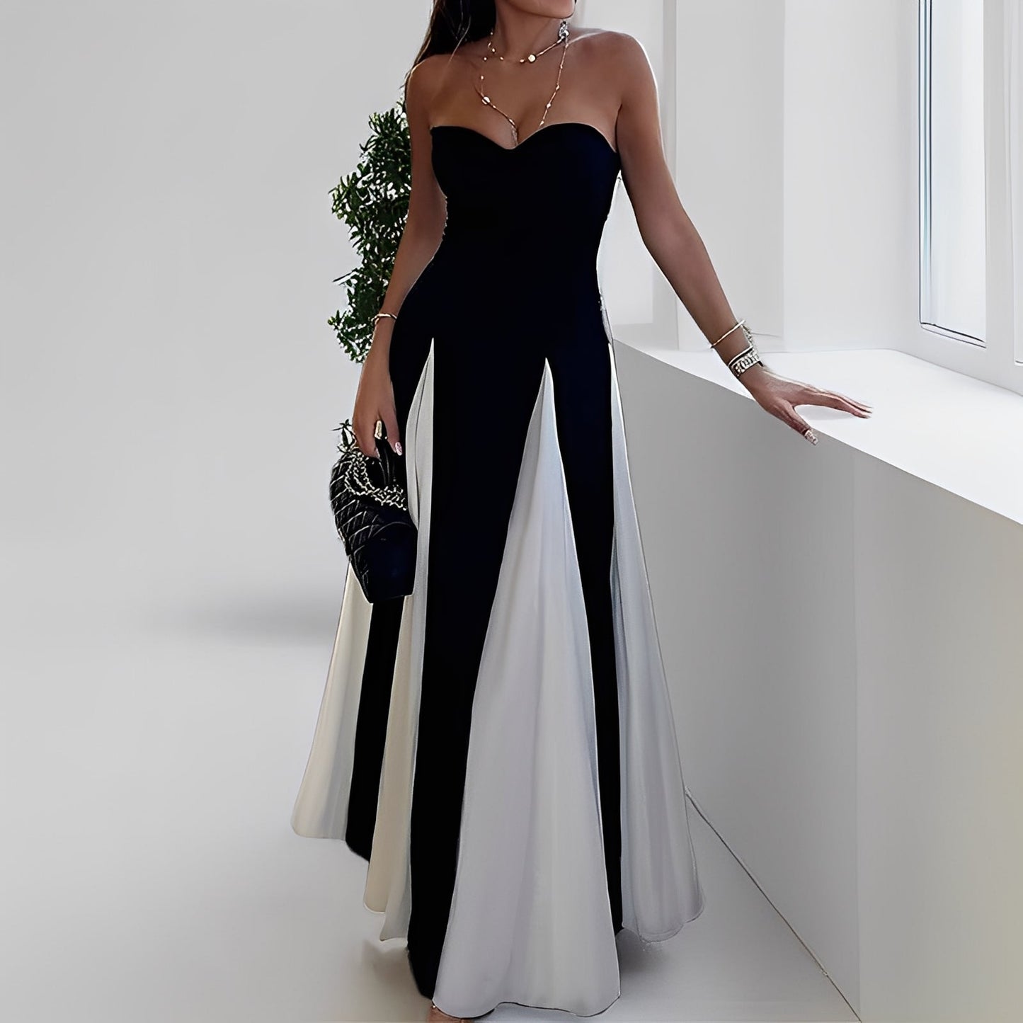 Charisse - Rochie de contrast sofisticată cu tiv generos pentru femei