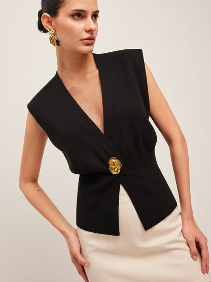 Annalena – Vestă Tricotată cu Butoane și Decolteu în V